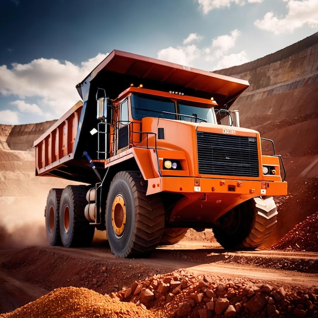 Photo giant mining truck carrying rocks and ore through quarry mine area