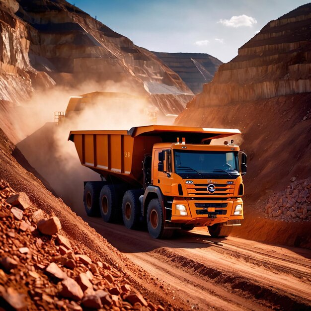 Photo giant mining truck carrying rocks and ore through quarry mine area