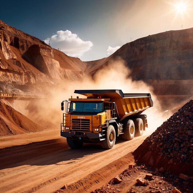 Photo giant mining truck carrying rocks and ore through quarry mine area