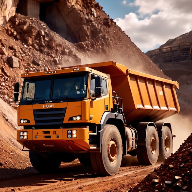 Photo giant mining truck carrying rocks and ore through quarry mine area