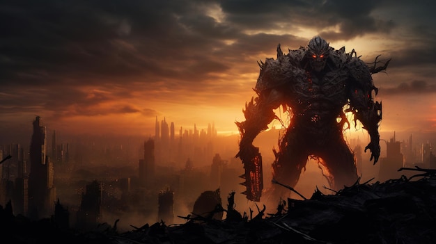 Giant monster over the destroyed city Mythical giant attack