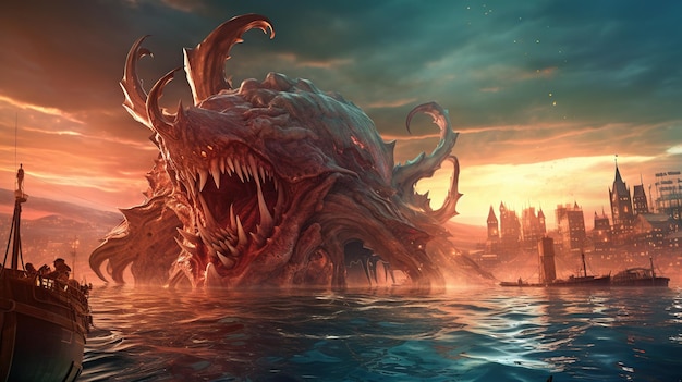 Гигантский монстр из моря атакует город на побережье Страшная сказочная концепция с Кракеном