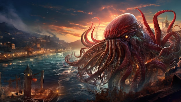 바다에서 온 거대한 괴물이 해안의 도시를 공격하고 크라켄과 함께 무서운 동화 개념