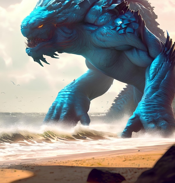 A giant monster is on the beach with waves and the sky in the background.