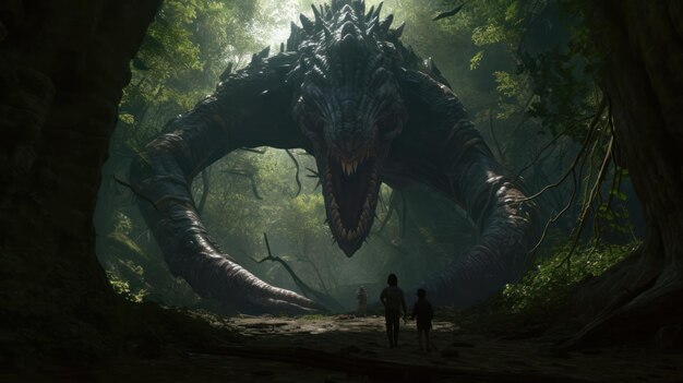 A giant monster is seen in a forest.