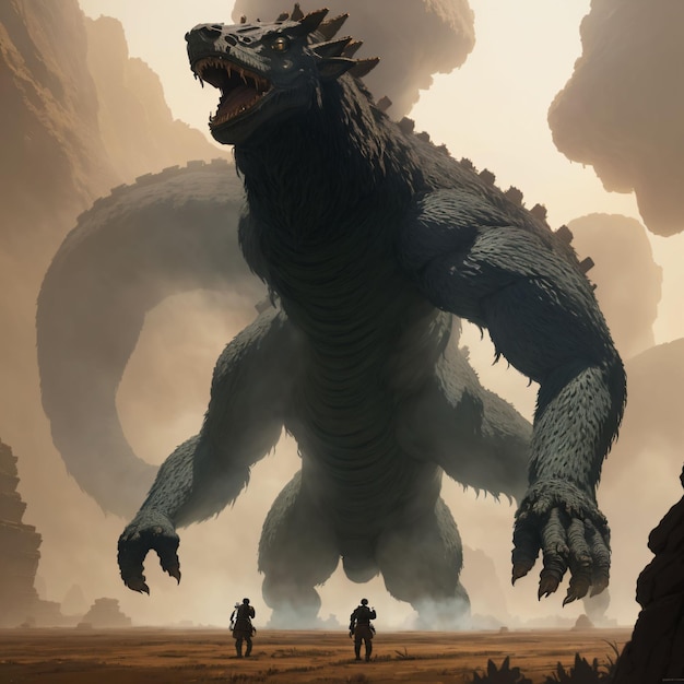 A giant monster is shown in a desert scene.