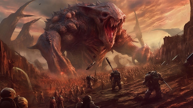 A giant monster is surrounded by armored infantry army