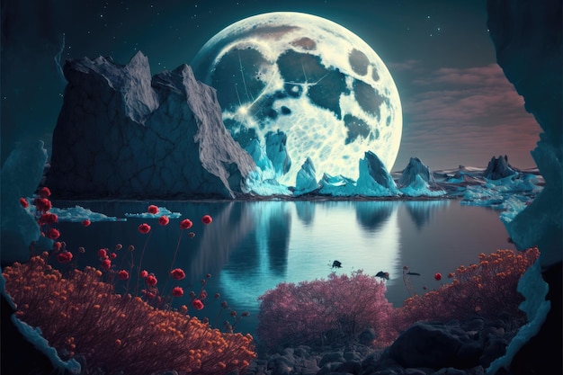 Giant moon shines behind cold icebergs frozen lake and flower bushes abstract background