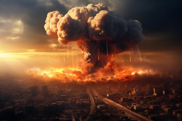 a giant nuclear bomb exploded in the middle of a metropolitan city thick smoke like giant mushrooms
