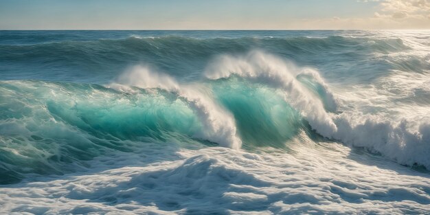 晴れた日の巨大な海のサーフィンの波。嵐の海、白い泡と水しぶきのある青緑色の水、雲のある青い空を描いた海景イラスト。生成AI