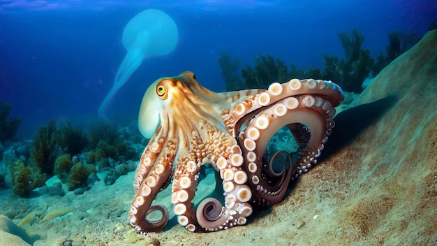 Photo a giant octopus in the deep sea generated by ai