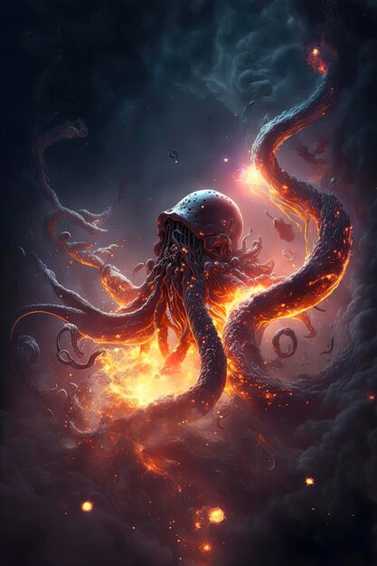 Giant octopus on fire that is moving through interstellar space AIGenerated