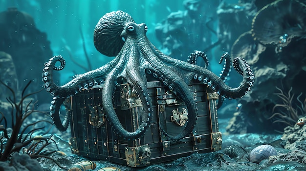 Photo a giant octopus guards a treasure chest on the ocean floor