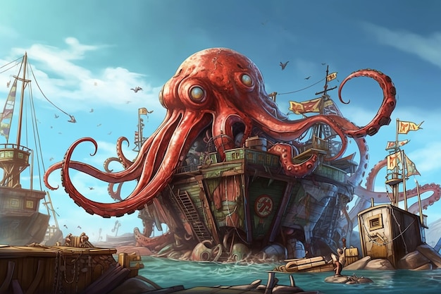 A giant octopus is on a ship in the ocean.