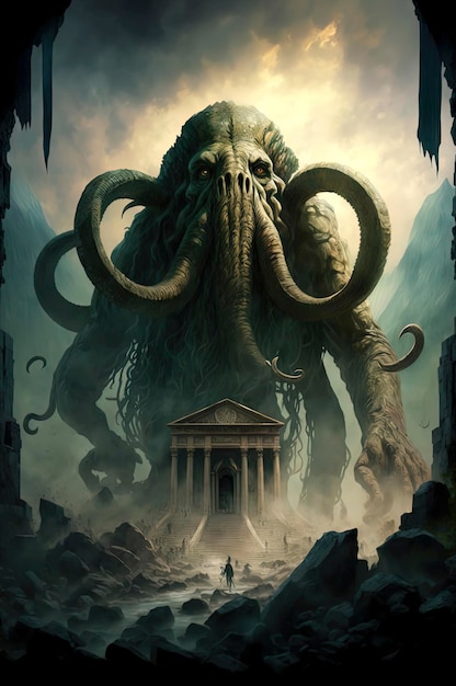 Giant octopus is standing in front of a building grabbing temple ruins