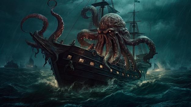 A giant octopus kraken monster attacking a pirate ship in the dark ocean Generative AI illustrator