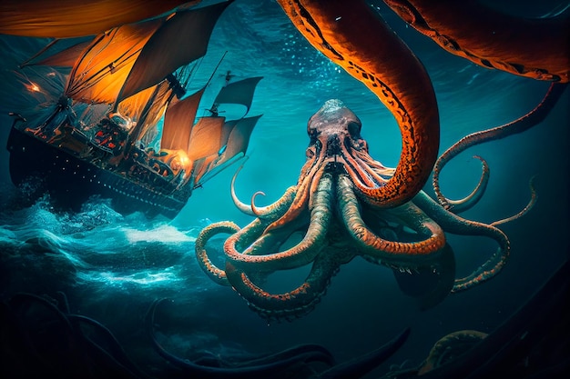 A giant octopus kraken monster attacking a pirate ship in the dark ocean Generative AI