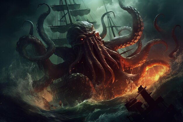 Giant octopus kraken monster attacks pirate boat illustration Ai generative