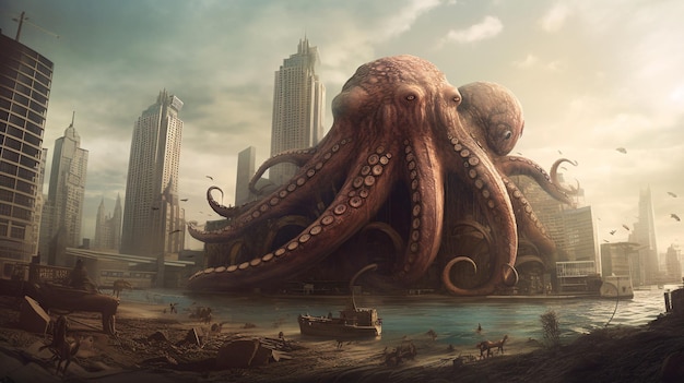 A giant octopus in the middle of a city