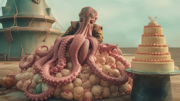 A giant octopus sits on top of a cake with a cake on it.