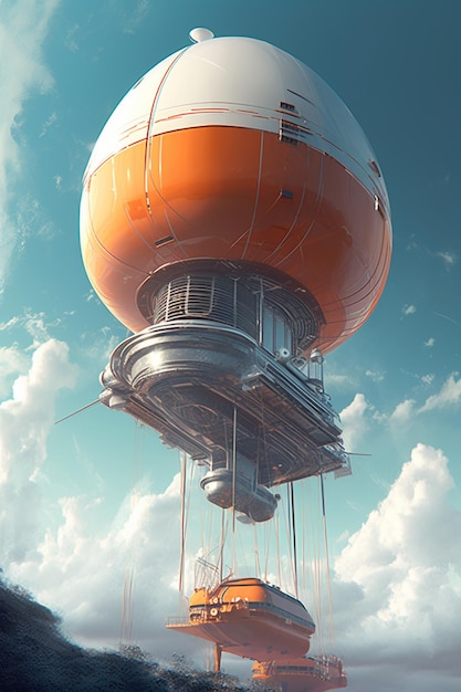 A giant orange and white spaceship is flying over a cloudy sky.