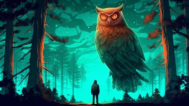 the giant owl and its owner standing on a branch