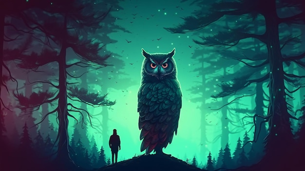 the giant owl and its owner standing on a branch