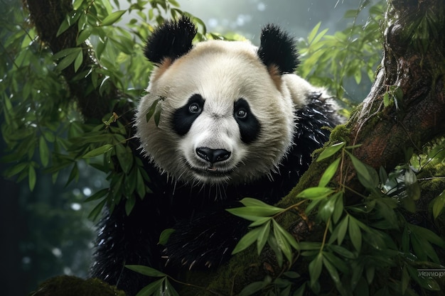 Giant panda Ailuropoda melanoleuca clutching on to a tree Generative ai