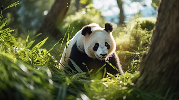 Giant panda in a bamboo field