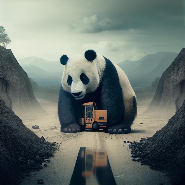 A giant panda bear is next to a giant crane.