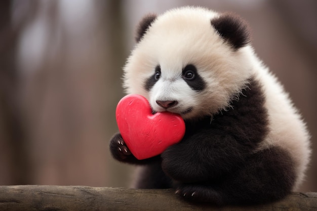 Photo a giant panda bear in the zoo with a big red heart adorable newborn panda holding a red heart on valentine's day hdr ai generated