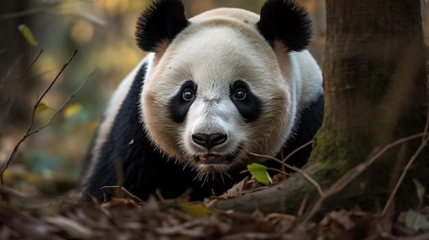 Гигантская панда видна в лесу.