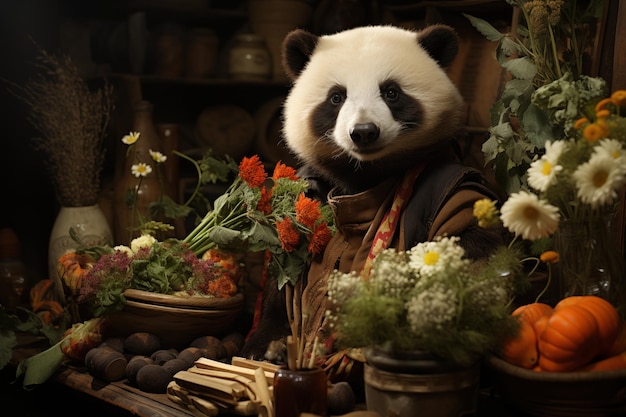 a giant panda in a rustic setting with pumpkins and flowers