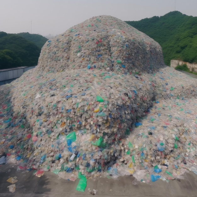 山に積み上げられた巨大なペットボトルの山。