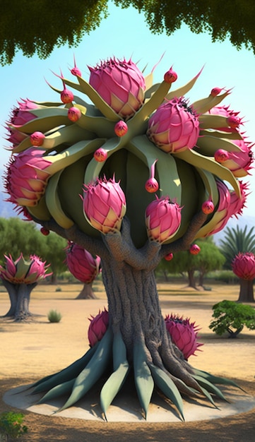 A giant pink cactus tree with a large flower on the trunk.