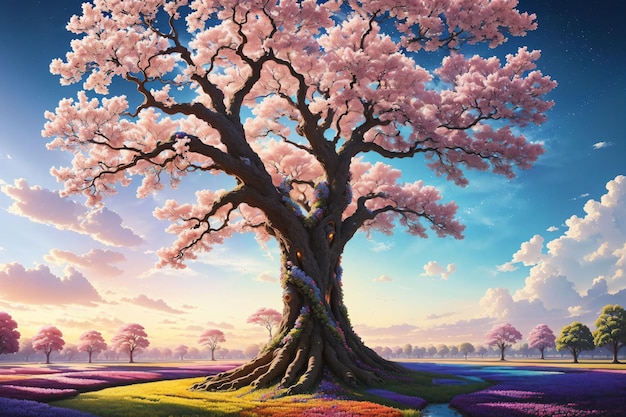 Giant pink tree in a colorful field