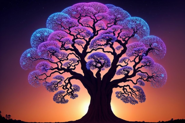 Giant pink tree at sunset