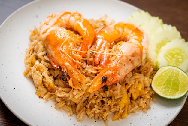 Giant prawns on fried rice with shrimp paste