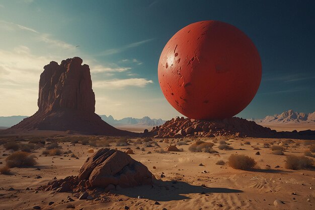 Photo a giant red ball in the desert