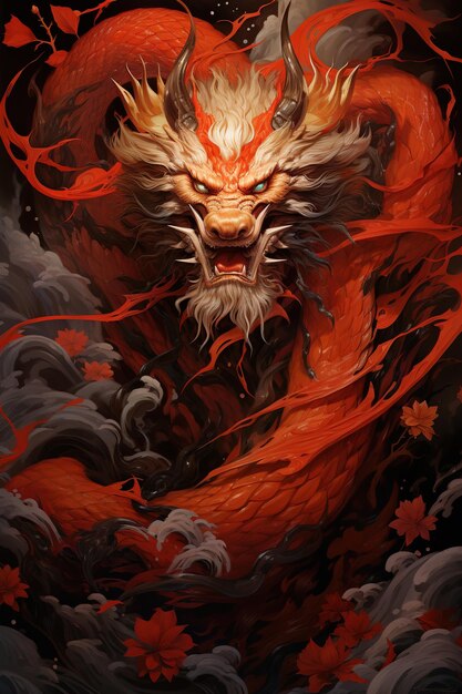 A giant and red dragon with dark astral backgrounds and golden and fire body energy flow intricate texture chinese dragon