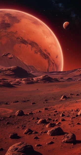 Photo giant red planet in the background wallpaper