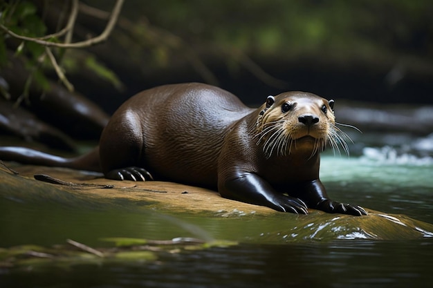 a giant river otter feeding in its natural habitat in the Pantanal region of Brazil