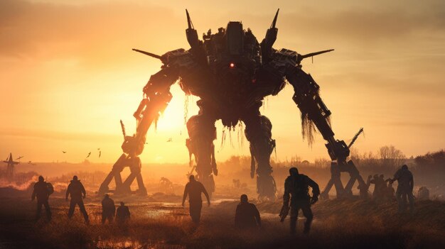 Giant robot amidst sunset battlefield with soldiers