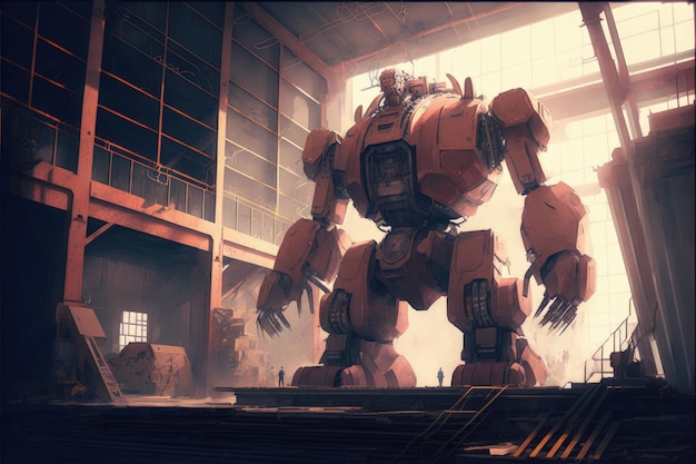 Giant robot in decrepit factory in scifi setting Fantasy concept Illustration painting Generative AI