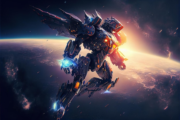 A giant robot flying in space Planet background Fantasy