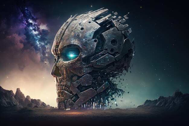 Giant robot head destroyed in the surface of an unknown planet Generative AI