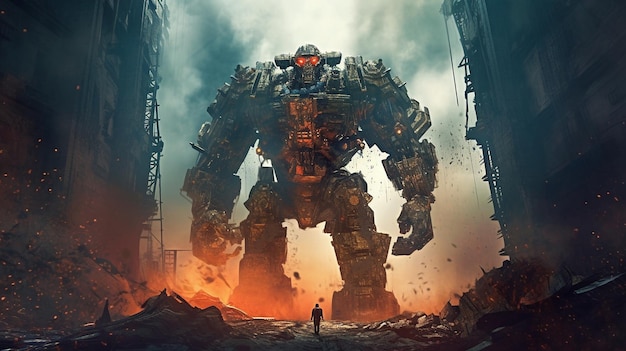 A giant robot stands in front of a giant monster.