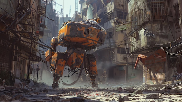 Foto un robot gigante si trova in mezzo a una città distrutta il robot è fatto di metallo e ha un lavoro di vernice gialla