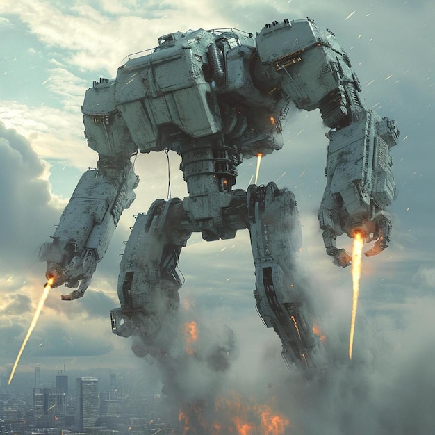 a giant robot that is flying through the air