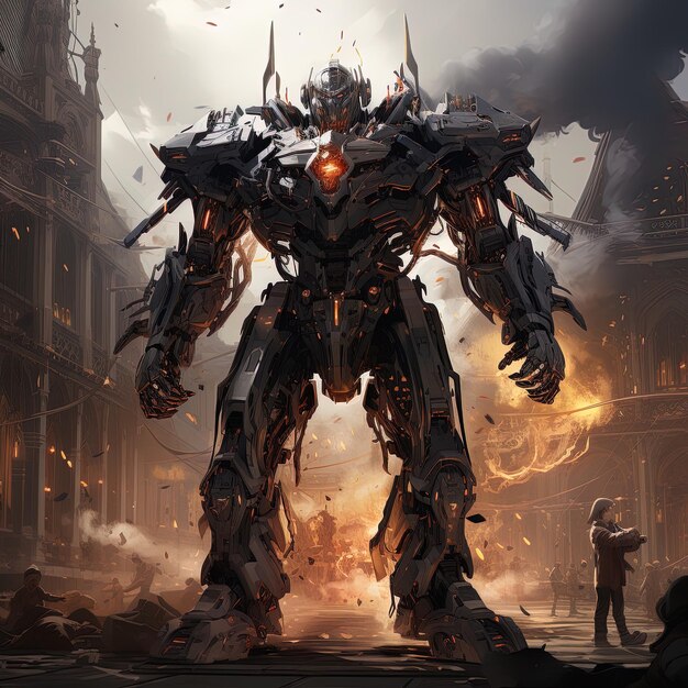 Photo a giant robot with a man in the background and a man in the background with a gun in his hand